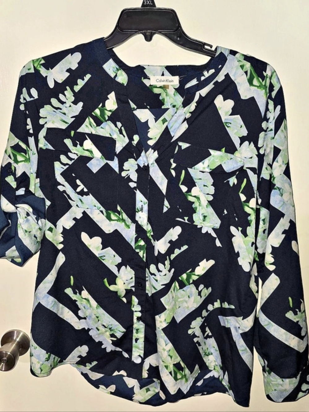 Calvin Klein Geometric Print Blouse in Black & Green Like New